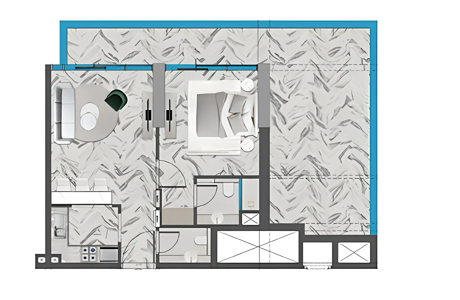 Red Square 1 bed floor plan, 917 sqft