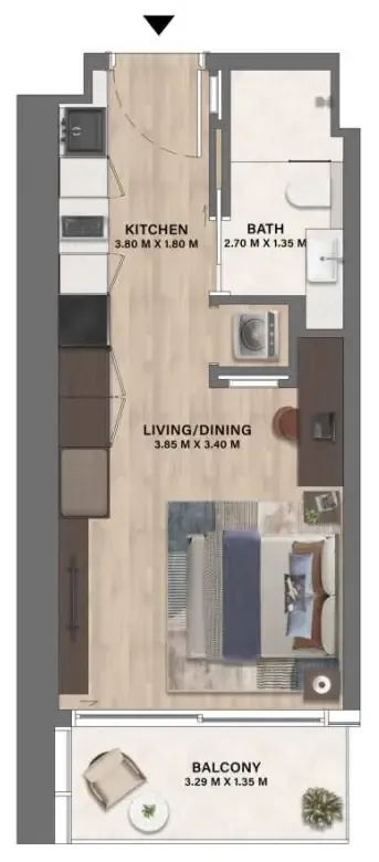 Mövenpick Residences Dubai Motor City Phase 1 Studio floor plan, 375 sqft