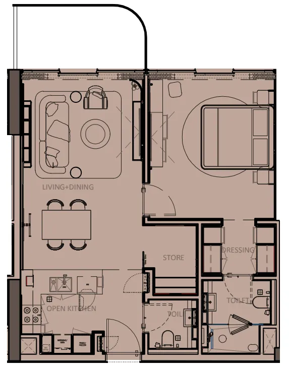 Sunset Bay Grand 1 bed floor plan, 845 sqft