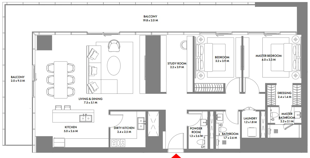 W The Residences by Arada 2 bed floor plan, 1,912 sqft