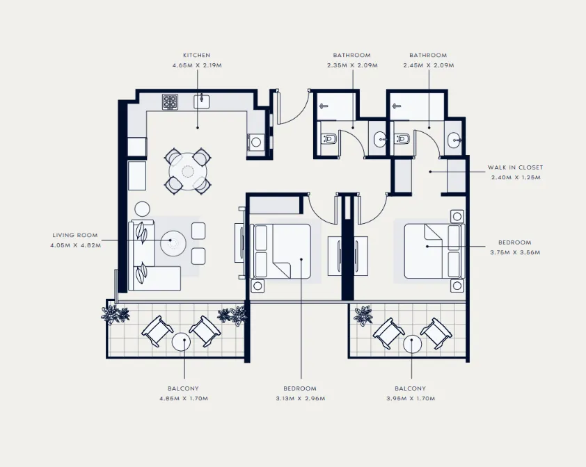 Azizi Venice 2 bed floor plan, 1,063 sqft