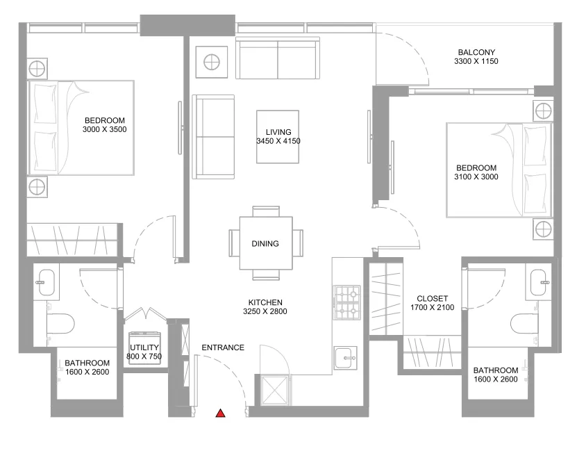 Starline Beach Residences 2 bed floor plan, 775 sqft