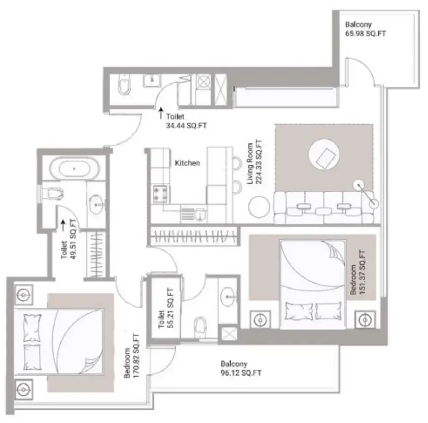 Ajman Creek Towers 2 bed floor plan, 1,571 – 1,572 sqft