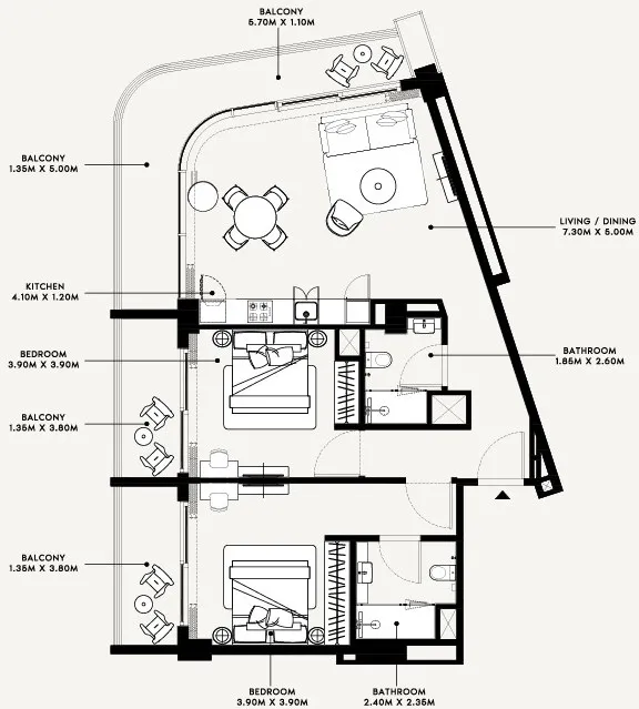 Azizi Arian 2 bed floor plan, 1,293 sqft