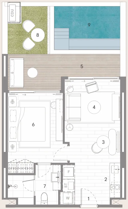 Sudara 1 bed floor plan, 840 sqft