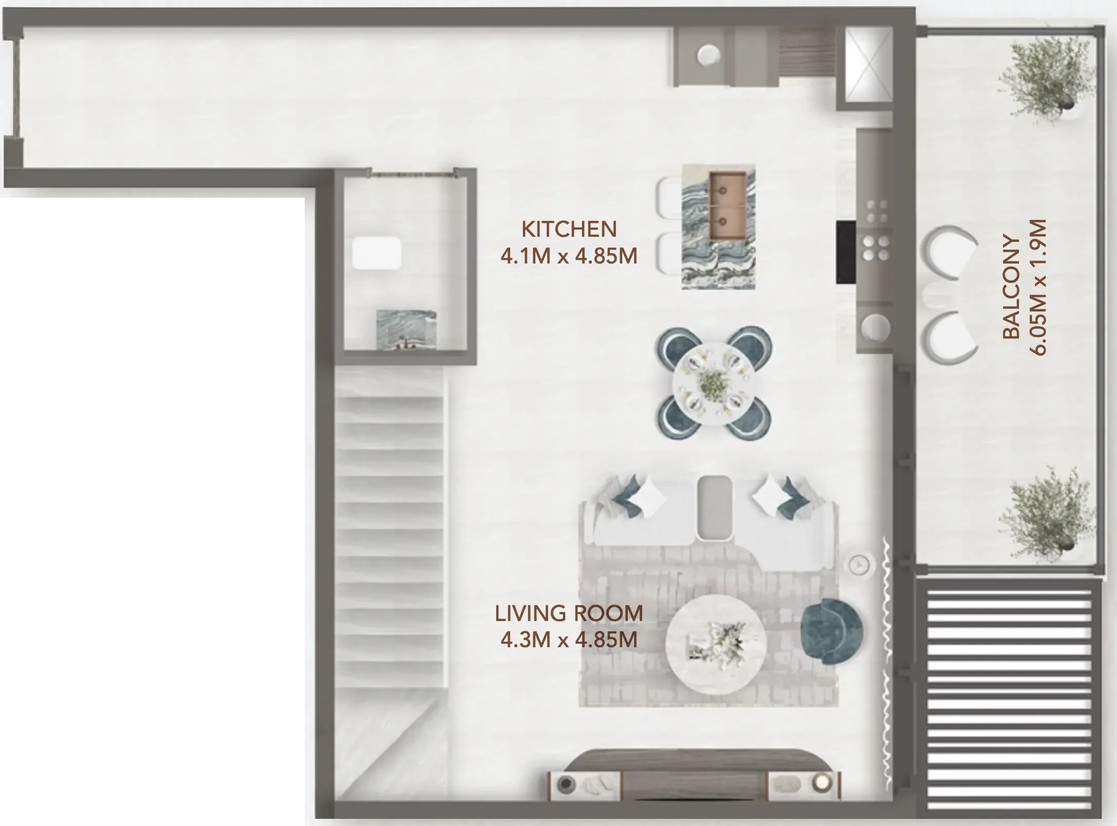 241 Waterside 1 bed floor plan, 1,283 sqft