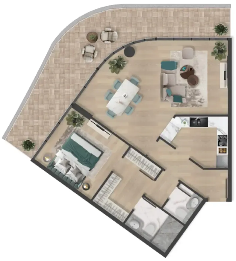 Pelagia 1 bed floor plan, 1,222 – 1,257 sqft