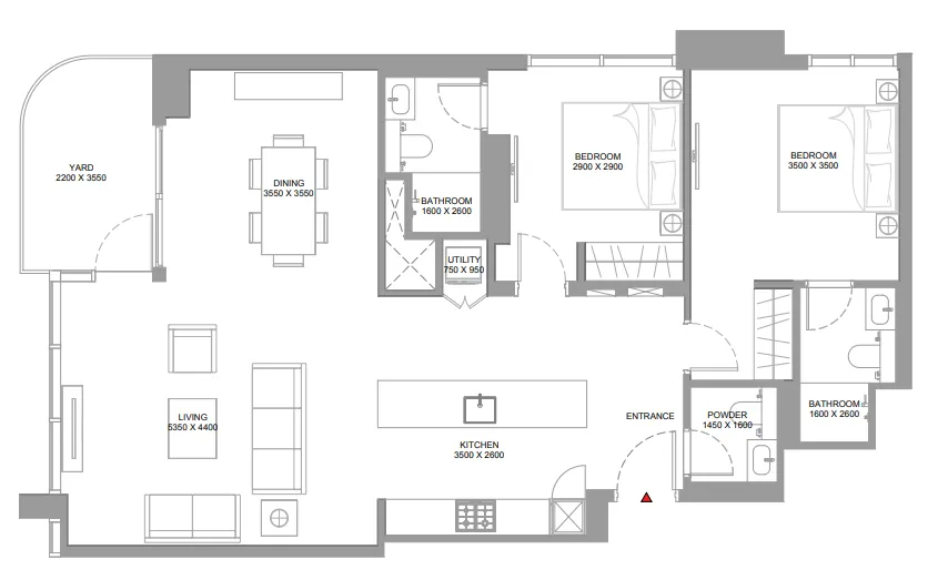 Pristine Beach Residences 2 bed floor plan, 1,194 sqft