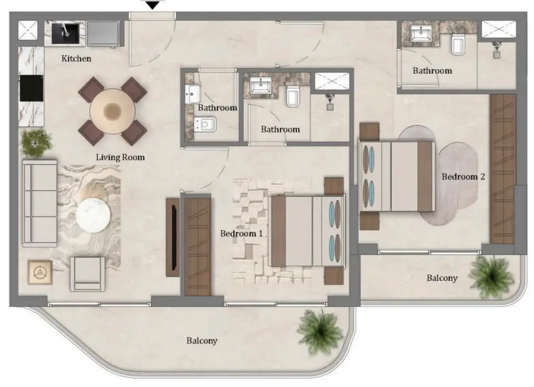 Mirari Lagoon by Zoya 2 bed floor plan, 942 sqft