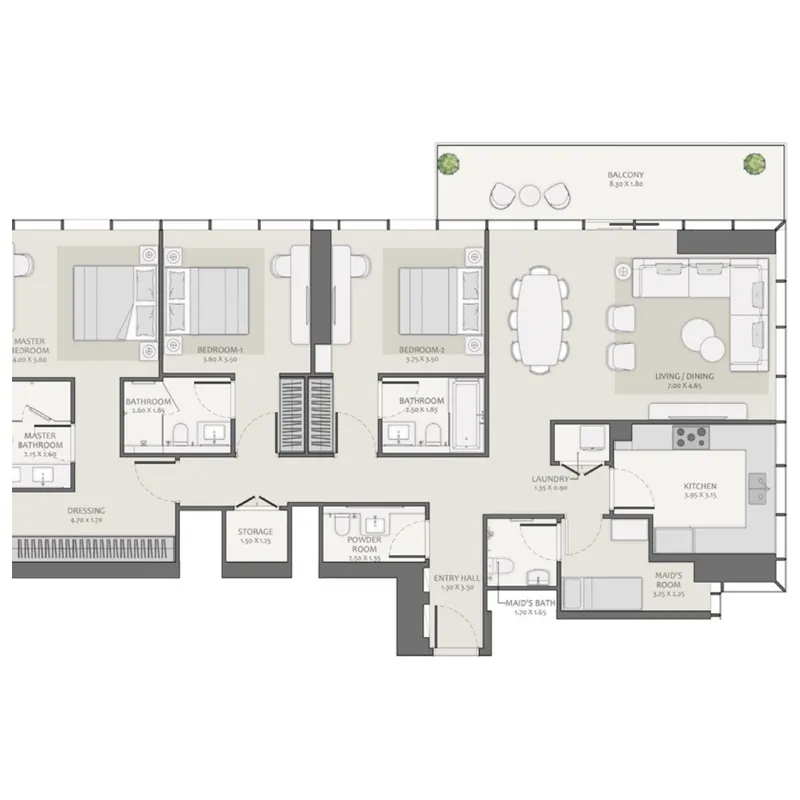 Avenue Park Towers 2 at Wasl 1 3 bed floor plan, 2,039 – 2,044 sqft