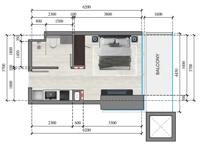 Auresta Tower Studio floor plan, 343 sqft