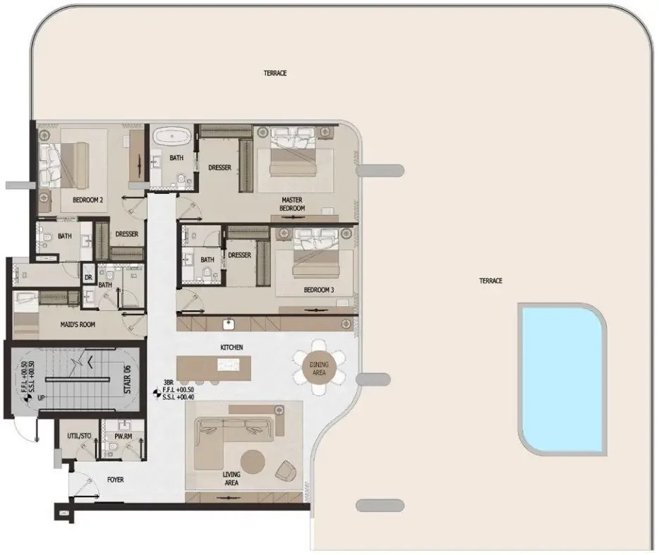 Vitalia Palm Jumeirah Residences 3 bed floor plan, 5,257 – 5,286 sqft