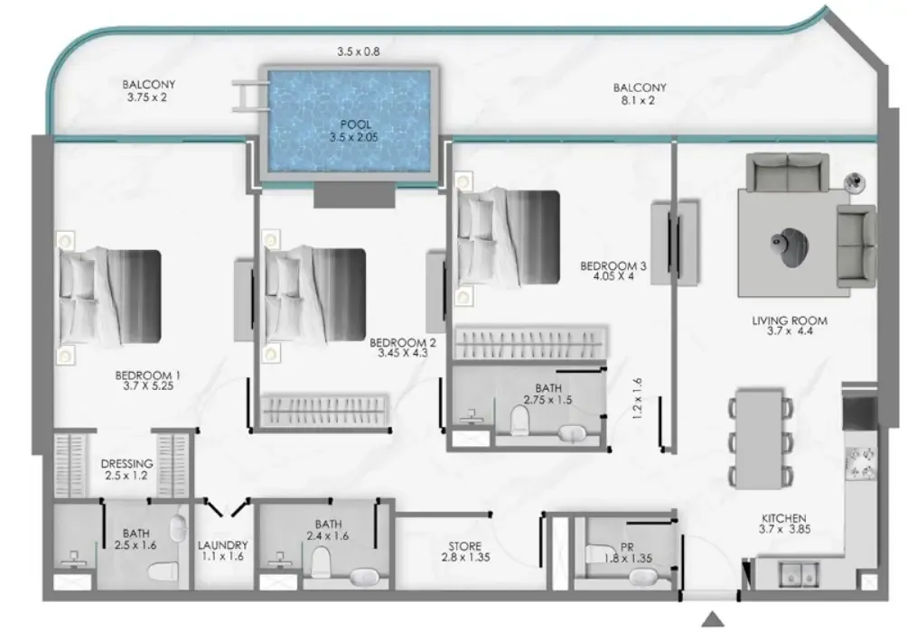 Samana Ocean Bay 3 bed floor plan, 1,712 sqft