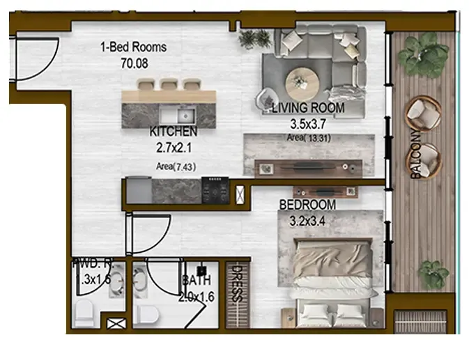 Noore 1 bed floor plan, 754 sqft
