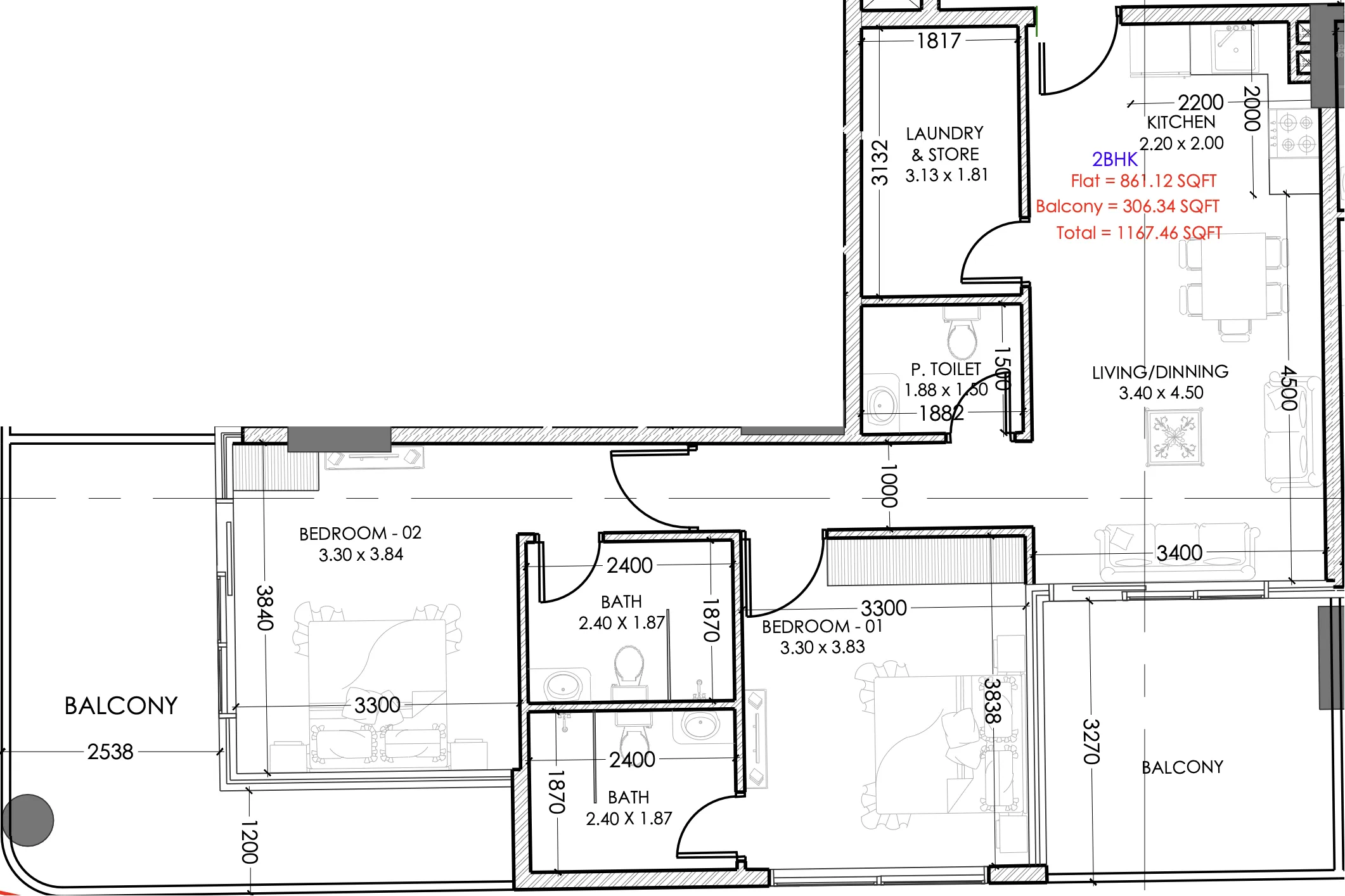 Terra Tower 2 bed floor plan, 1,152 – 1,153 sqft