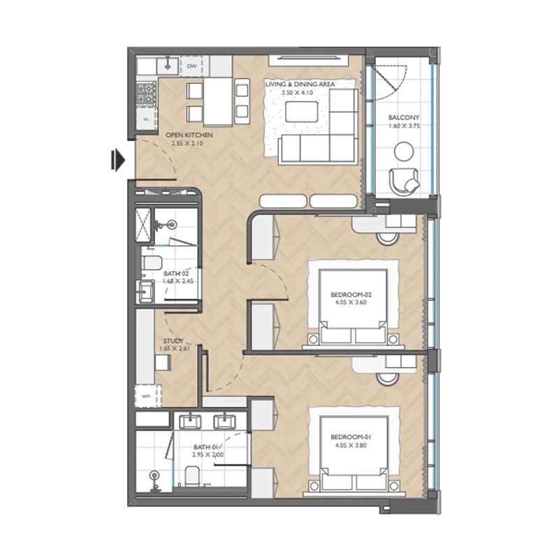 The Collective 2 bed floor plan, 1,004 sqft