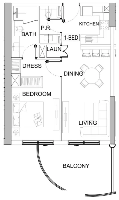 Valencia 1 bed floor plan, 754 sqft