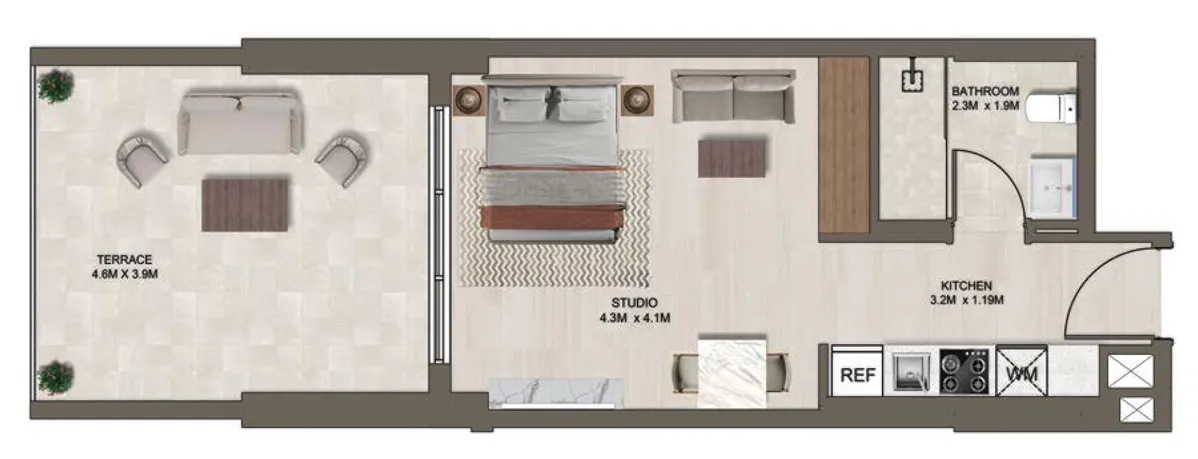 Ghaff Land Residence Studio floor plan, 582 sqft