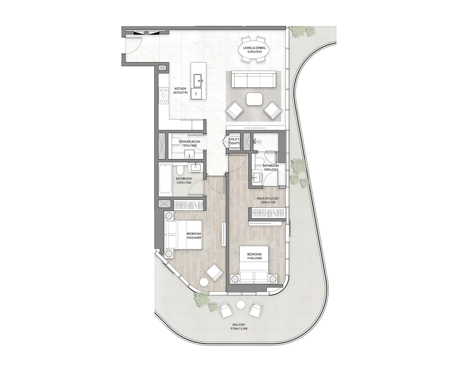 DG1 Living 2 bed floor plan, 1,662 sqft