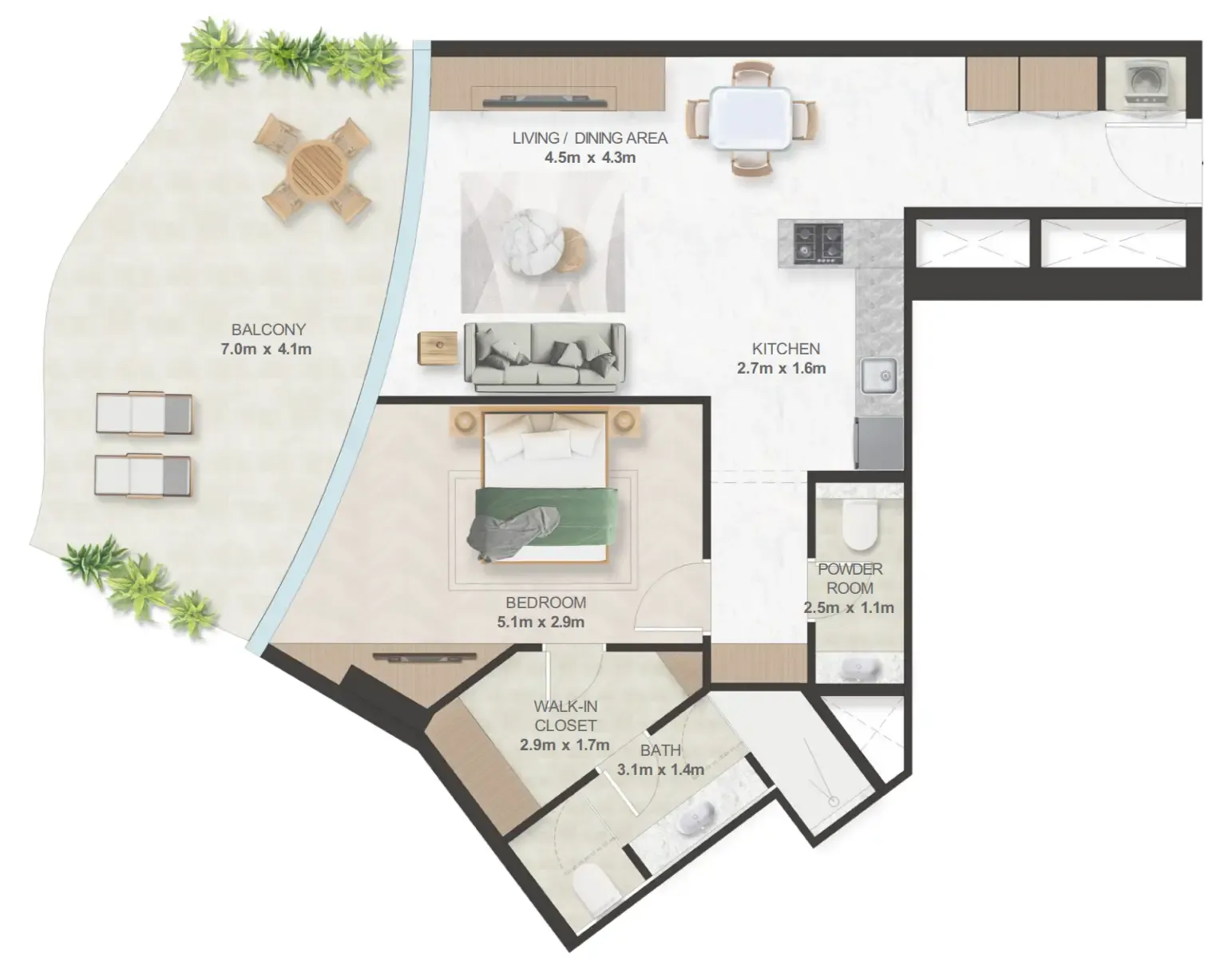 Oystra 1 bed floor plan, 1,045 sqft