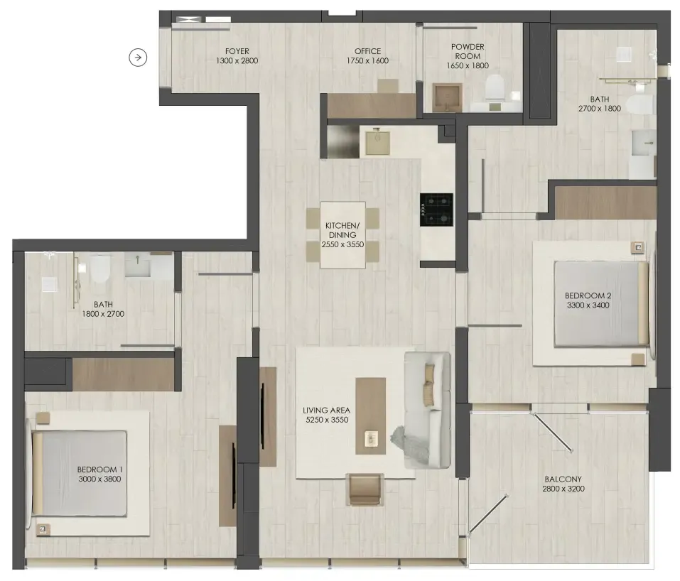 JAD 288 2 bed floor plan, 1,053 – 1,820 sqft
