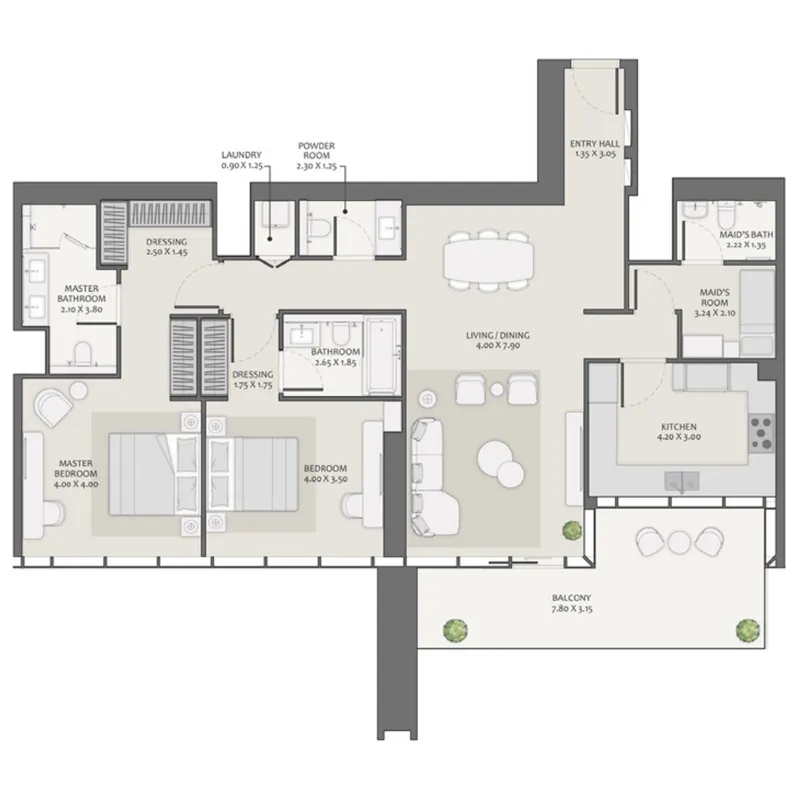 Avenue Park Towers 2 at Wasl 1 2 bed floor plan, 1,740 – 1,741 sqft