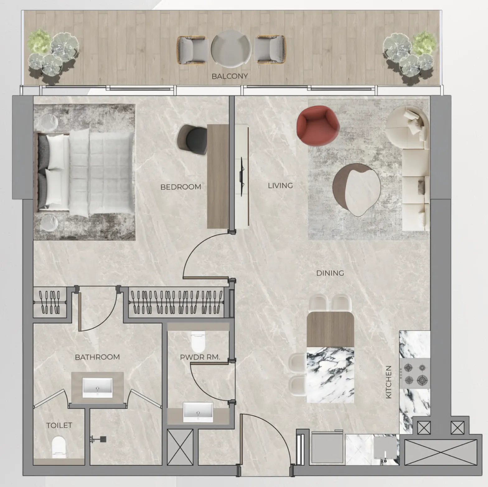 Beverly Grande 1 bed floor plan, 687 – 1,143 sqft