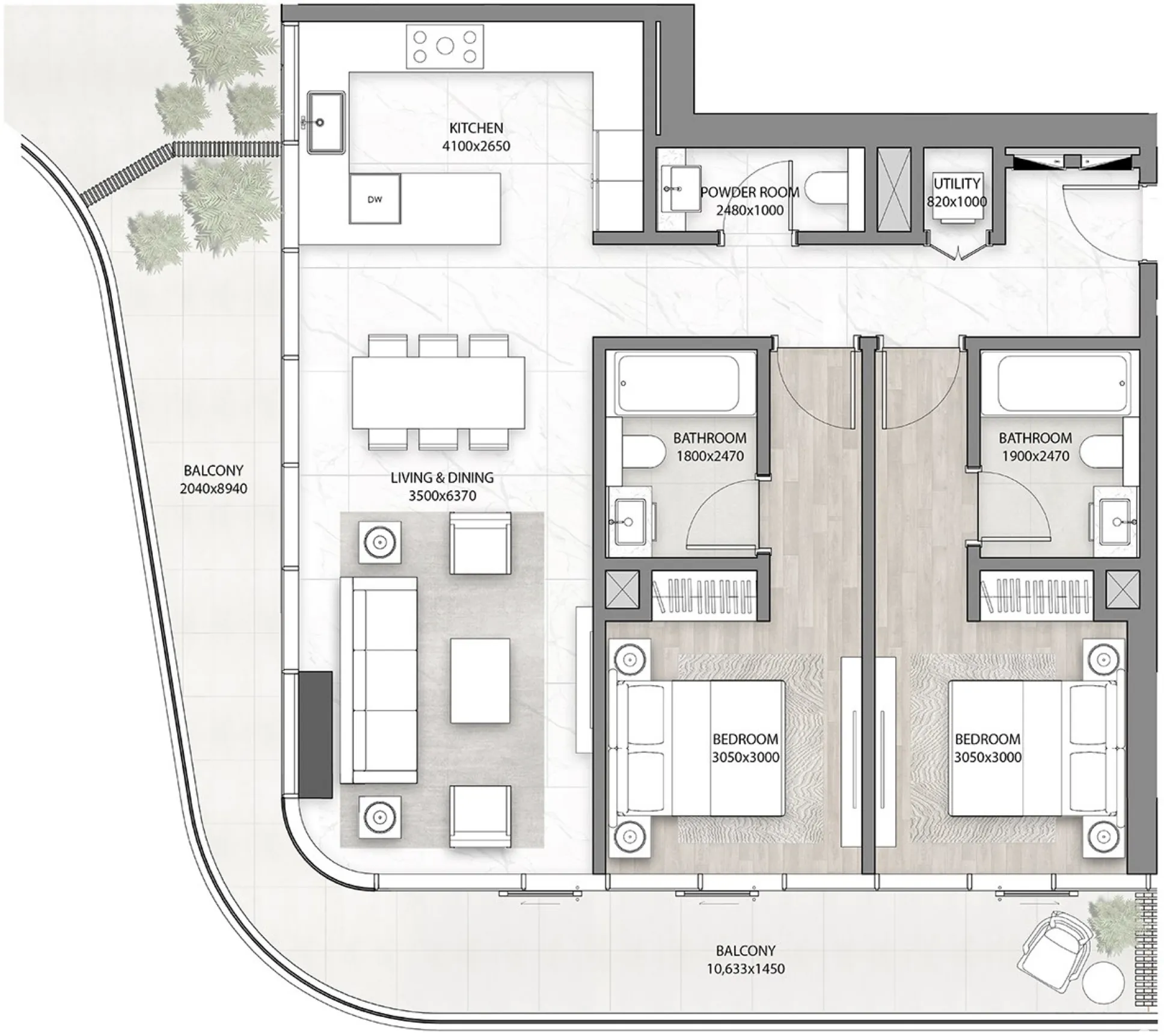 DG1 Living 2 bed floor plan, 1,358 sqft