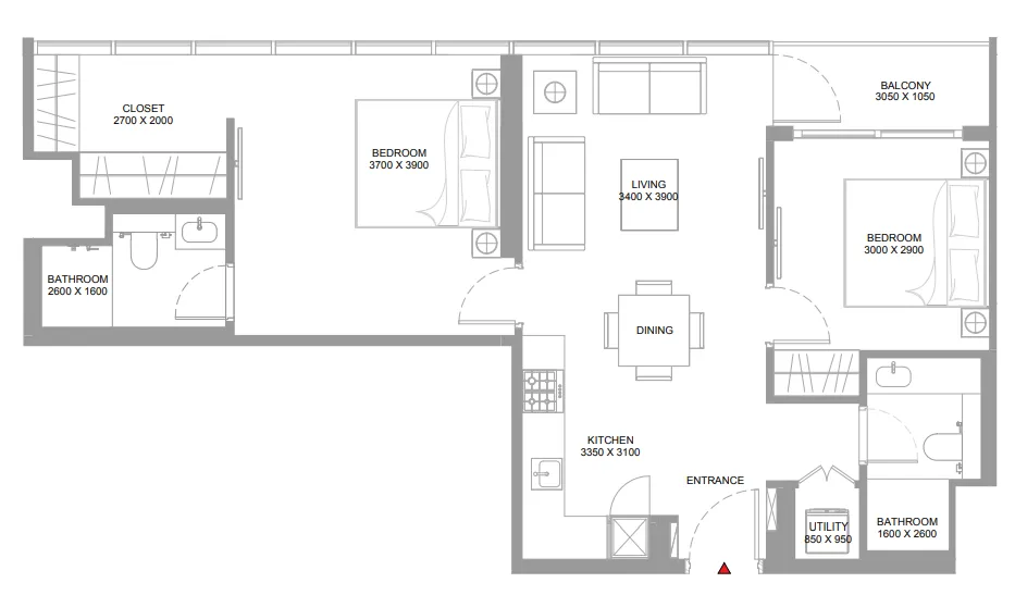 Pierside Marina Residences 2 bed floor plan, 846 sqft