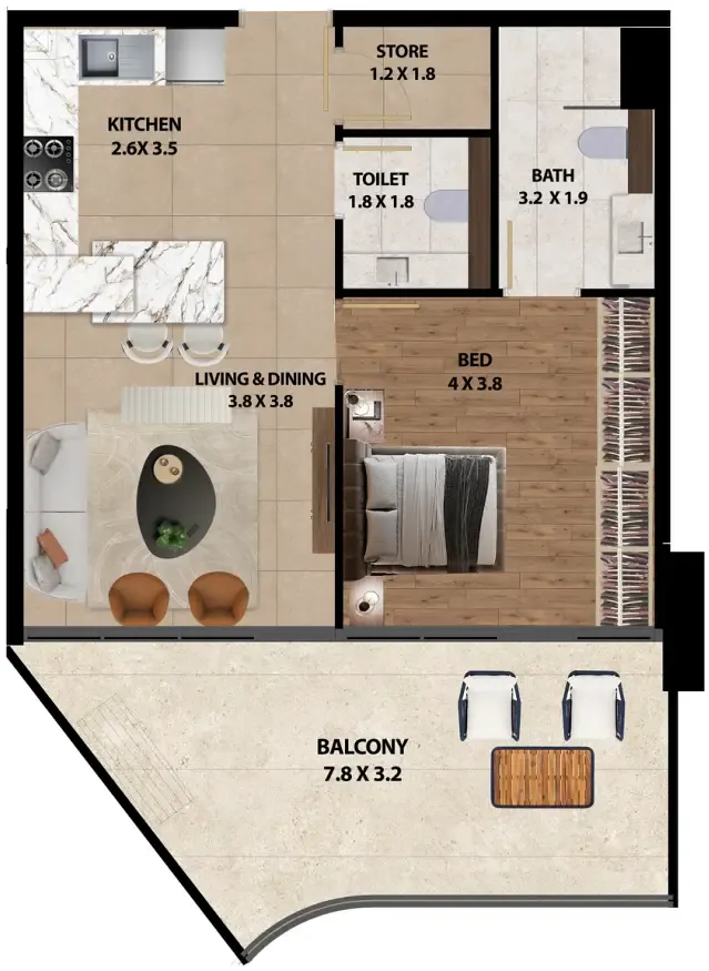 Marquis One 1 bed floor plan, 887 sqft