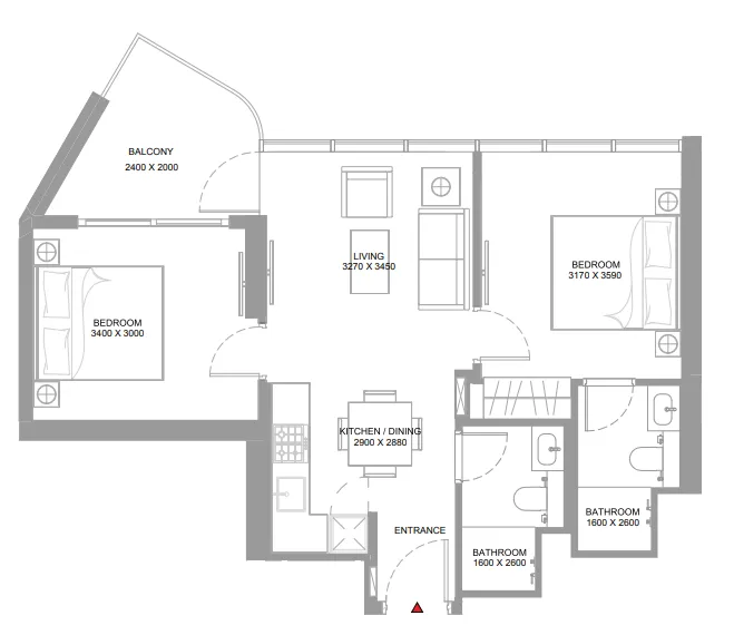 Pierside Marina Residences 2 bed floor plan, 708 sqft