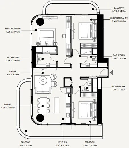 Azizi Milan 3 bed floor plan, 1,749 sqft
