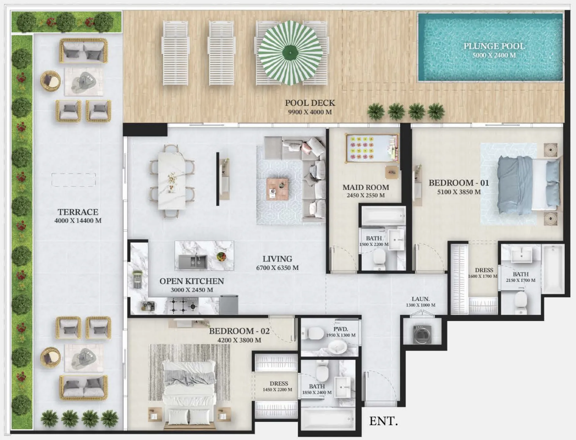Wellington Ocean 2 bed floor plan, 2,725 sqft