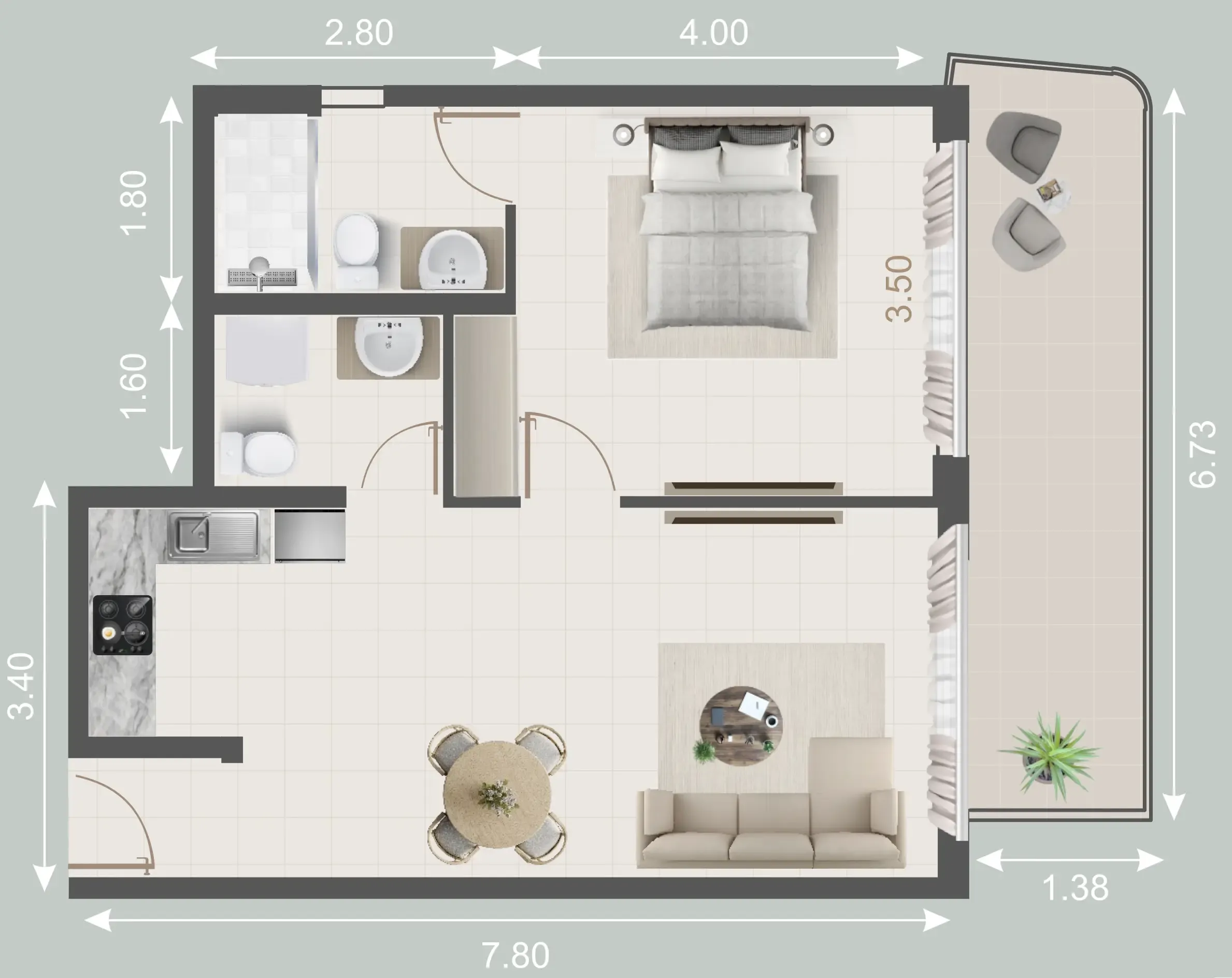 Galleria Residences 1 bed floor plan, 766 sqft