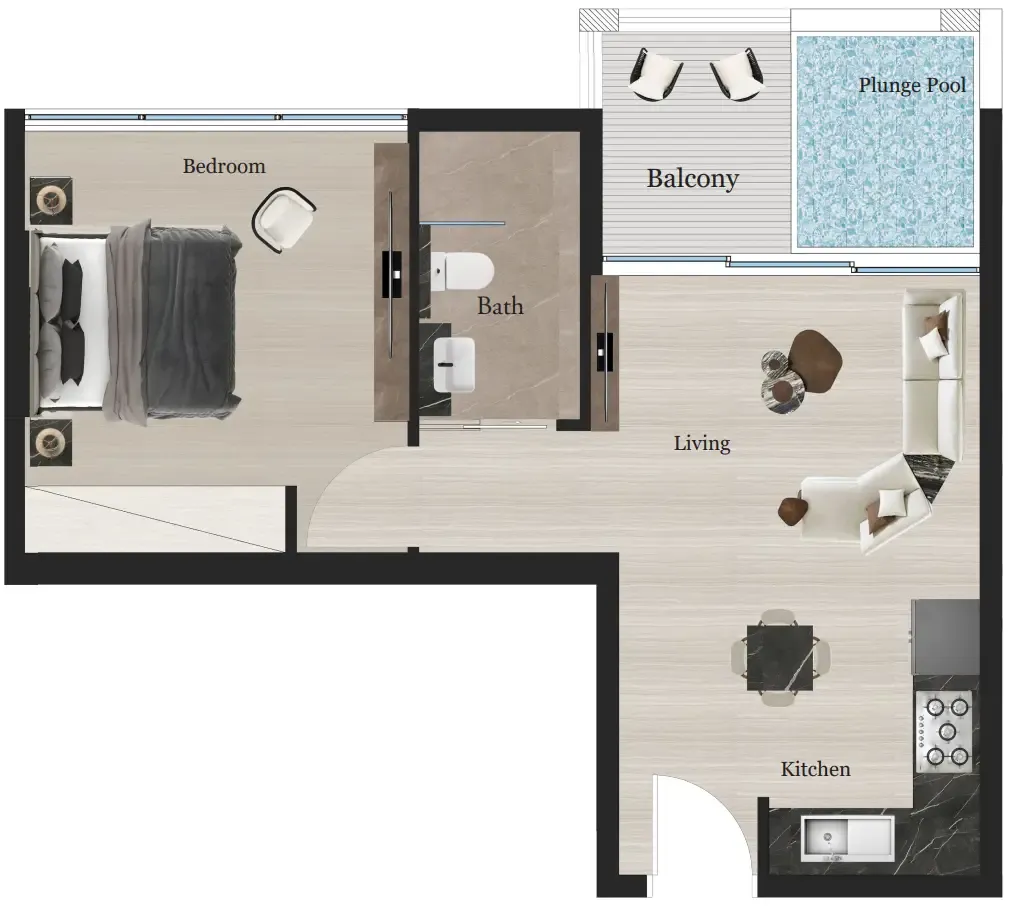 Rijas Suites 1 bed floor plan, 535 sqft
