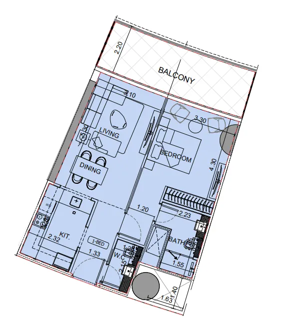 Binghatti Aquarise 1 bed floor plan, 813 sqft