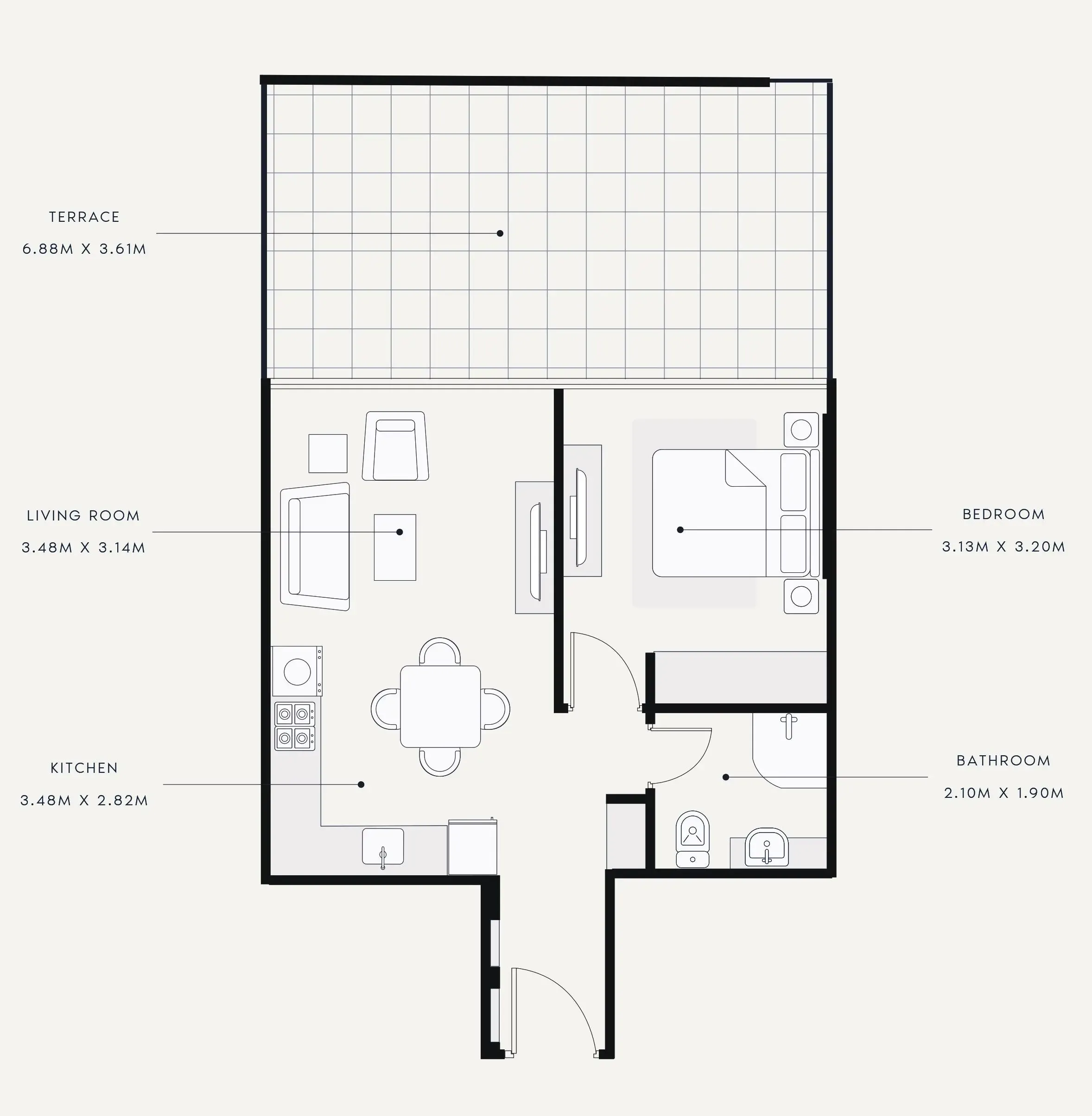 Riviera 13 1 bed floor plan, 594 – 791 sqft