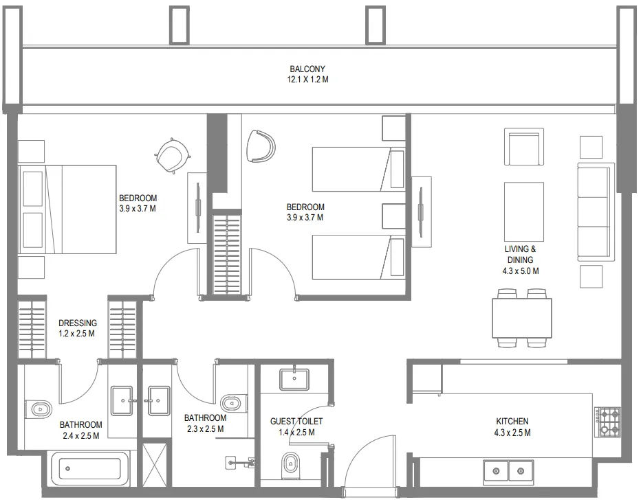 Safa 1 2 bed floor plan, 1,313 – 1,314 sqft