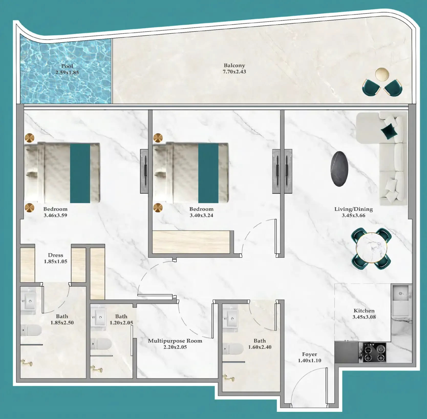 Breez 2 bed floor plan, 1,026 sqft