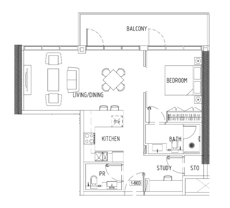 Damac District 1 bed floor plan, 825 sqft