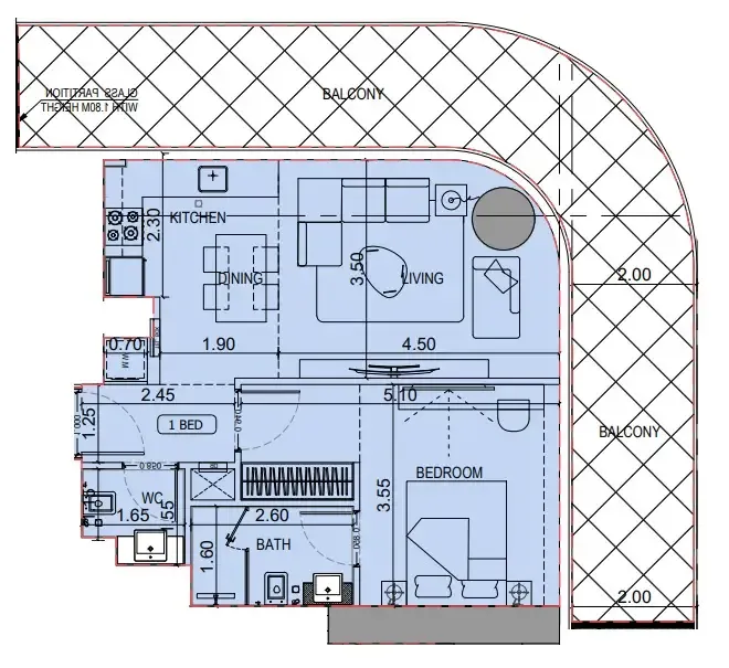 Binghatti Flare 1 bed floor plan, 969 sqft