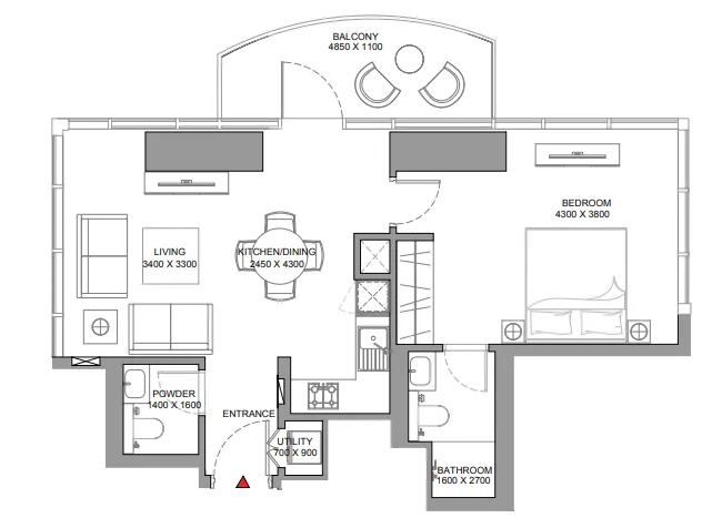 Skyscape 1 bed floor plan, 1,151 sqft