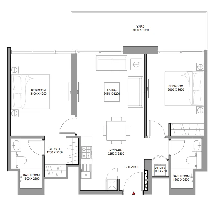 Florine Beach Residences 2 bed floor plan, 928 sqft