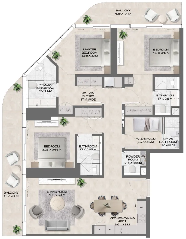 DWTN Residences 3 bed floor plan, 1,641 sqft