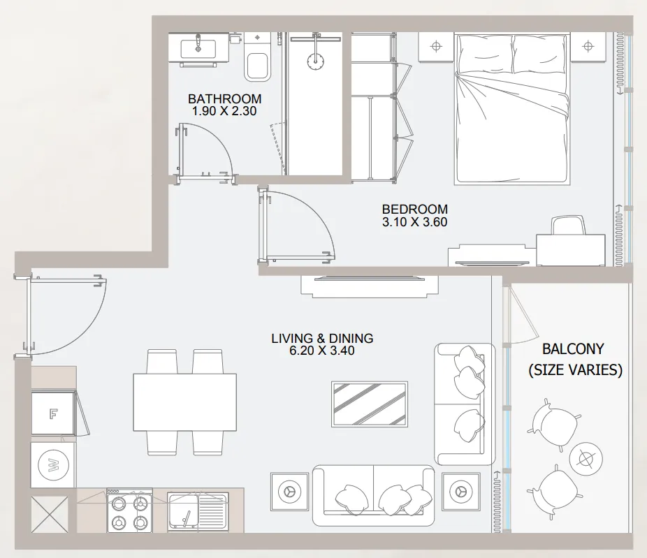 Vista 3 1 bed floor plan, 551 – 565 sqft