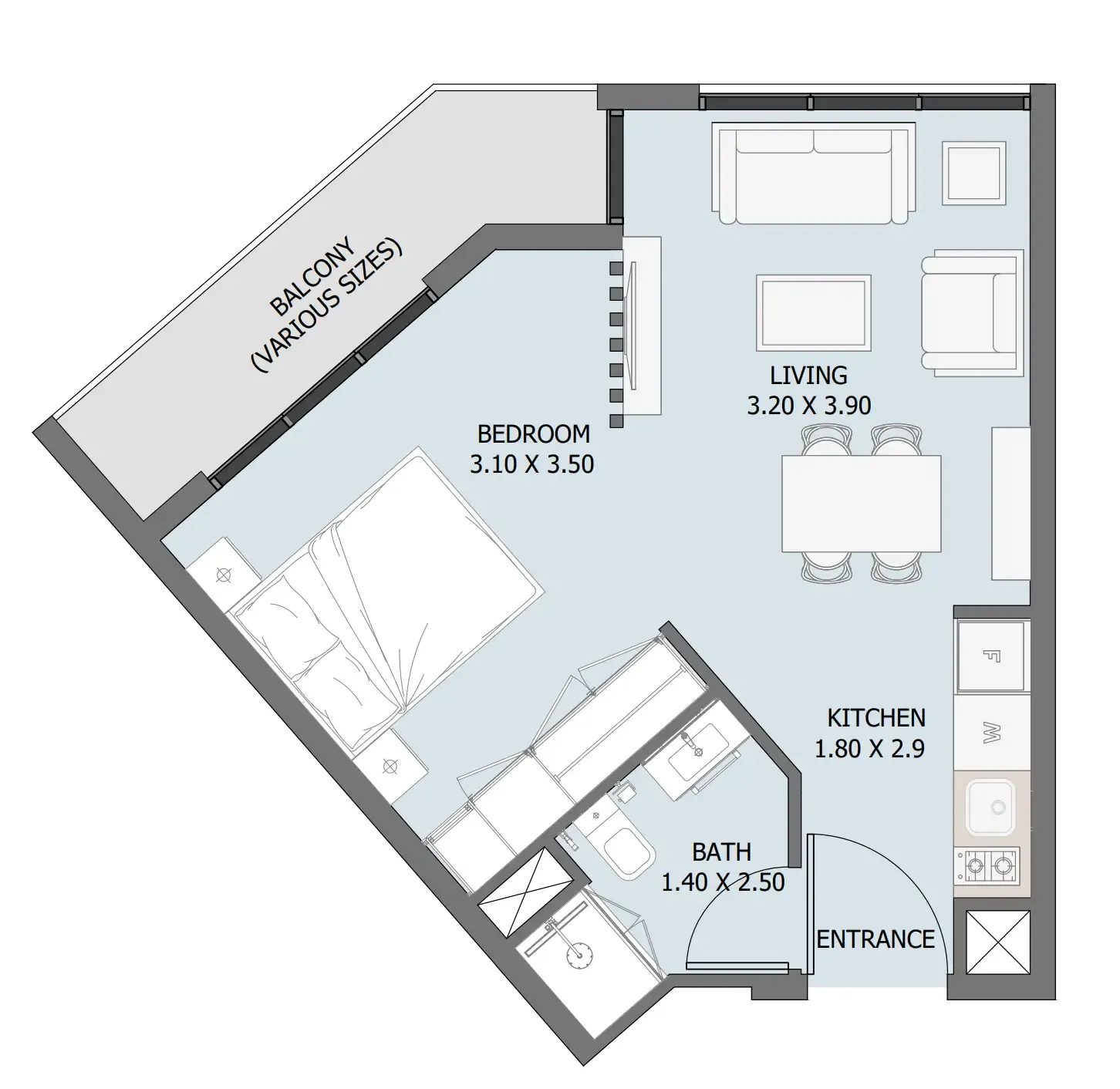 Verdana III 1 bed floor plan, 458 – 590 sqft