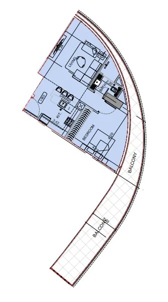 Binghatti Aquarise 1 bed floor plan, 1,027 sqft