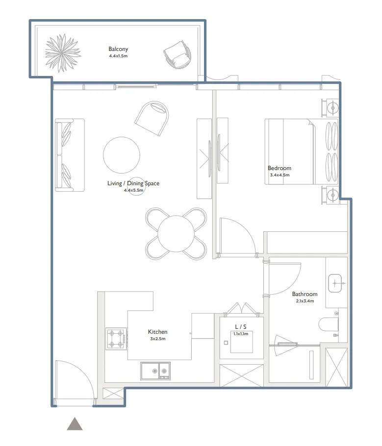 Serenia District West Residence 1 bed floor plan, 836 sqft