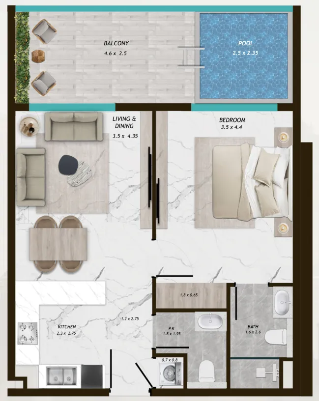 Samana Parkville 1 bed floor plan, 773 sqft