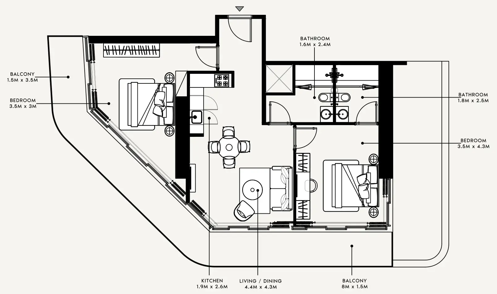 Azizi Milan 2 bed floor plan, 1,262 sqft